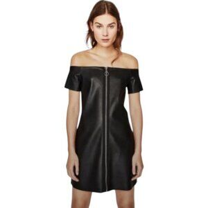 Zara black faux leather off-the-shoulder bodycon mini dress size S